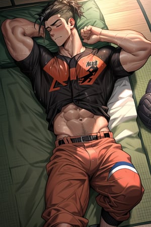 1boy, a handsome, young boy, flipped back undercut hair, ((a high school boy)), ((18 years old, abs)), ((wearing baseball uniform)), baseball player, "dirty clothes", muscle, "6-pack abs", hairy, "dark skin", ((wet big long "bulge")), sleeping laying down on the tatami bed in the classic Japanese room, wide looking view from above to below, sweat_drop, sweating_profusely, more detail XL,giant_this_guy