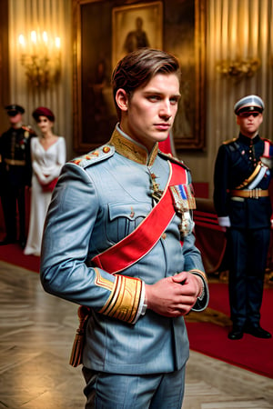 Solo male, the combination face of British royalty bloodline, royalty flowers and feathers symbols detailed, A handsome boy, prince wearing detailed detailed royalty symbols red strand 
, royal star crossed medals, royalty red combination white military suit, with honor medals, British honor medals, muscle body, brown eyes, brown hair style, photography, at royal ball, standing in royal throne room with magnificent detailed, depth focus detailed, surround by multiple people, high quality,flower4rmor, taken by Canon 6D Mark VII, color refined by Adobe Lightroom,marb1e4rmor,marble