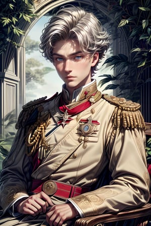 Solo young boy white hair, ancient prince, European Prince, the heir, the combination face of male royalty bloodline, (((ornate oak leaf gold embroidered strand fabric uniform))), (((botanical straight line pattern on front clothes))), "golden botanical pattern on royalty cloak", royalty symbols detailed, a handsome young boy, (((prince wearing detailed detailed royalty pattern botanical symbols))), (((royalty star-crossed medals))), (((royalty crossed medals))), royalty combination white military suit, (("and golden botanical embroidery detailed on uniform")), with the order of royalty house, with honorable medals, British honorable medals, red strand crossed over the shirt from shoulder to hip, muscle body, "brown eyes, beautiful white hair style", portrait photography, at royal garden tree, in royal garden with magnificent detailed, sitting on the well carving wood chair, depth focus portrait detailed, high quality, taken by Canon 6D Mark VII, color refined by Adobe Lightroom, vintage color enhanced, soften light created, shimmering light, dreamy, dreamy effect, old-money effected, high detail, 1 handsome young man real human skin, vivid details, (realistic, photorealistic: 1.37), a photorealistic of male model, Thick eyebrows, beautiful and thick lips, blue eyes, fantasy royalty emblems, (((super_detail_face))),1boy,nodf_lora,Npzw