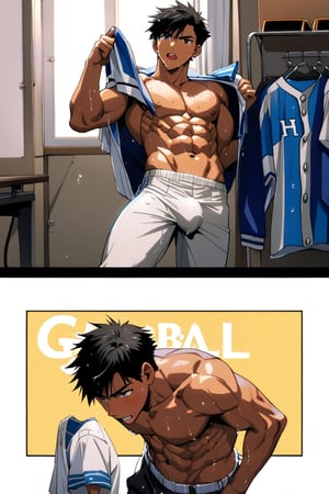 a handsome, young Japanese boy, flipped back undercut hair, ((a high school boy)), ((18 years old, abs)), ((wearing baseball uniform)), baseball player, "dirty clothes", muscle, "6-pack abs", hairy, "dark skin", ((wet big "bulge")), changing clothes in the classroom, sweat_drop, sweating_profusely, posing, 2d manga solution
