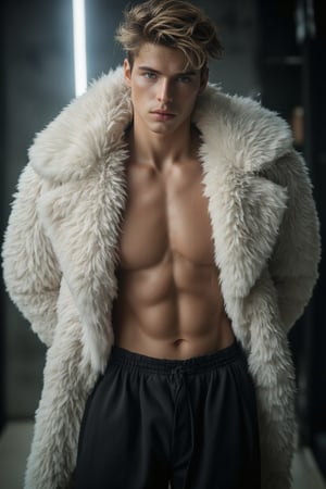 A solo young Irish boy, 18 years old and a muscular athlete, stands flexing his physique in a studio setting. He wears a fluffy white coat that showcases his toned body, paired with oversized black pants. The studio light beam casts a straight line, illuminating his facial features and highlighting the freckles on his blue eyes. Shot from above, looking down, this sceneric photography captures the boy's confident pose, exuding realism and quality.