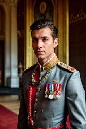 male, the combination face of British royalty bloodline, royalty symbols detailed, A handsome boy, prince wearing detailed detailed royalty rope, royal pendant, royalty suit, with honor medals, British honor medals, muscle body, brown eyes, brown hair style, photography, at royal ball, standing in royal throne room with magnificent detailed, surround by noblities peoples, high quality,flower4rmor, taken by Canon 6D Mark VII, color refined by Adobe Lightroom,marb1e4rmor,marble
