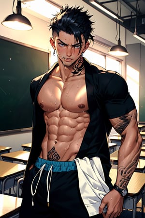 a boy, cute boy, European high school uniform, muscle and abs, tounge pick out licking, seduced body, beautiful eyes, changing clothes in the classroom, baddy, naughty boy, stylish hair, sweating after a training class, yakuza tattoos cover half body