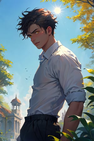 solo young boy, teenager, Greek boy, nerd, looking at viewer, hairstyled, hair flying in the wind, looking directly to the viewer, shirt, 1boy, closed mouth, white shirt, upper body, standing in mystery royal garden, collared shirt, lips, yellow eyes, wind blowing, leafs falling, plants cover body, dreamer effect, cinematic, Masterpiece,oil painting,classic painting, sunshine, sun light effection,Masterpiece