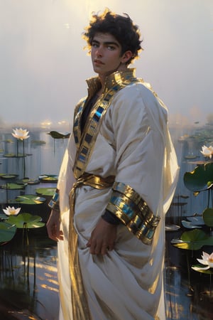 Egypt, egyptian, Solo boy, 18 years old, young boy, 1boy, brown skin, wearing blue combiantion white clothes, golden powder flying in the air, long purple gown, looking at the viewer, wide open eyes, bluish eyes, solo, standing in the royal garden with multiple white tall lotus flowers bloomming, spiritual, foggy, mystical, shimmering,masterpiece, character focus, depth focus, best quality, high_resolution, glitters, shiny particles