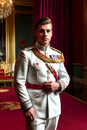 Solo male, the combination face of British royalty bloodline, royalty flowers and feathers symbols detailed, A handsome boy, prince wearing detailed detailed royalty symbols red strand 
, royal star crossed medals, royalty red combination white military suit, with honor medals, British honor medals, muscle body, brown eyes, brown hair style, photography, at royal ball, standing in royal throne room with magnificent detailed, depth focus detailed, surround by multiple people, high quality,flower4rmor, taken by Canon 6D Mark VII, color refined by Adobe Lightroom,marb1e4rmor,marble