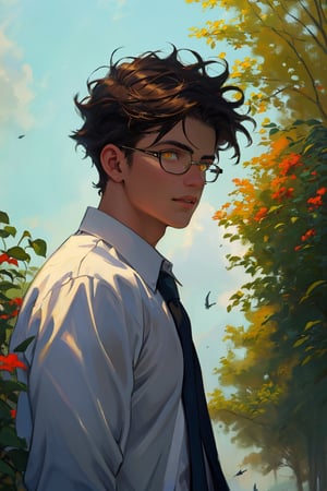 solo young boy, teenager, Greek boy, nerd, looking at viewer, hairstyled, hair flying in the wind, looking directly to the viewer, shirt, 1boy, closed mouth, white shirt, upper body, standing in mystery royal garden, collared shirt, lips, yellow eyes, wind blowing, leafs falling, plants cover body, dreamer effect, cinematic, Masterpiece,oil painting,classic painting, sunshine shading, sun light,Masterpiece