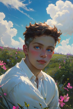 solo young boy, short hair, 1boy, cute boy, teenager boy, French boy, looking around, blue_eyes, white collared shirt, portrait, male focus, upper_body, sky, cloud, wild flowers field blooming, blushing, ((dreamy, dreamer)), shimmering, depth focus information