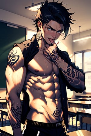 a boy, cute boy, European high school uniform, muscle and abs, tounge pick out licking, seduced body, beautiful eyes, changing clothes in the classroom, baddy, naughty boy, stylish hair, sweating after a training class, yakuza tattoos cover half body