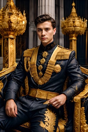 European male, Russian royalty, British royalty, royalty symbols detailed, A handsome charming prince wearing detailed detailed royalty rope, royalty suit, golden honor medals, muscle body, brown eyes, photography, at royal ball, sitting on royal throne chair with magnificent detailed, surrounded by noblities and subjects, high quality,flower4rmor, taken by Canon 6D Mark VII, color refined by Adobe Lightroom,marb1e4rmor