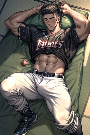 1boy, a handsome, young boy, undercut hair, ((a high school boy)), ((18 years old, abs)), ((wearing baseball uniform)), un-buttoned baseball shirt,  baseball player, "dirty clothes", muscle, "6-pack abs", hairy, "dark skin", ((wet big long "bulge")), sleeping laying down on the tatami bed in the classic Japanese room, wide looking view from above to below, sweat_drop, sweating_profusely, more detail XL,