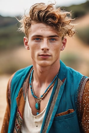 ((European male)), young, ((25 years old)), ((high school boy)), handsome, ((wave hair)), blue eyes, ((jawline)), ((freckle whole body)), ((showing upper body)), open upper chest, ((bohemian clothes style)), bohemian jewelry