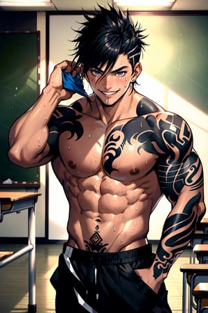 a boy, cute boy, Japanese high school uniform, muscle and abs, smiling with tounge pick out, seduced body, beautiful eyes, changing clothes in the classroom, baddy, naughty boy, stylish hair, sweating after a training class, yakuza tattoos cover all over body