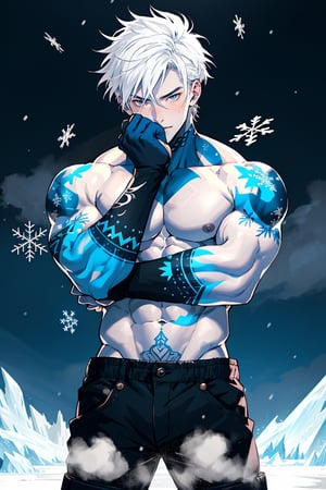 young boy, handsome and cute, none shirt, uncensord, hair styled, show seduced muscle and abs, tall, Japanese boy with black skin tone, 2D information, manga art style, white hair, both hands turning to blue ice, hands turned to ice, cold atmosphere, glacier arms, snowflake tattoos