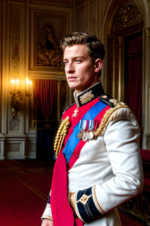 Solo male, the combination face of British royalty bloodline, royalty flowers and feathers symbols detailed, royal protocol, A handsome boy, prince wearing detailed detailed royalty symbols red strand, royal star crossed medals, royalty red combination white military suit, rank of marine major, with honor medals, British honor medals, muscle body, brown eyes, brown hair style, photography, at royal ball, standing in royal throne room with magnificent detailed, depth focus detailed, surround by multiple people, high quality,flower4rmor, taken by Canon 6D Mark VII, color refined by Adobe Lightroom, soften color, less contrasted, marb1e4rmor,marble
