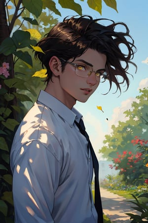 solo young boy, teenager, Greek boy, nerd, looking at viewer, hairstyled, hair flying in the wind, looking directly to the viewer, shirt, 1boy, closed mouth, white shirt, upper body, standing in mystery royal garden, collared shirt, lips, yellow eyes, wind blowing, leafs falling, plants cover body, dreamy, cinematic, Masterpiece,oil painting,classic painting, sunshine shading, sun light,Masterpiece