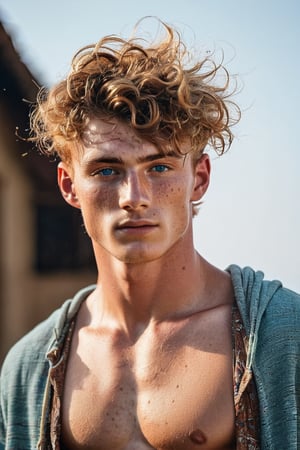 ((European male)), young, ((25 years old)), ((high school boy)), handsome, ((wave hair)), blue eyes, ((jawline)), ((freckle whole body)), ((showing upper body)), open upper chest, bohemian clothes style, bohemian jewelry