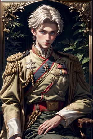 Solo young boy white hair, ancient prince, European Prince, the heir, the combination face of male royalty bloodline, (((ornate oak leaf gold embroidered strand fabric uniform))), (((botanical straight line pattern on front clothes))), "golden botanical pattern on royalty cloak", royalty symbols detailed, a handsome young boy, (((prince wearing detailed detailed royalty pattern botanical symbols))), (((royalty star-crossed medals))), (((royalty crossed medals))), royalty combination white military suit, (("and golden botanical embroidery detailed on uniform")), with the order of royalty house, with honorable medals, British honorable medals, red strand crossed over the shirt from shoulder to hip, muscle body, "brown eyes, beautiful white hair style", portrait photography, at royal garden tree, in royal garden with magnificent detailed, sitting on the well carving wood chair, depth focus portrait detailed, high quality, taken by Canon 6D Mark VII, color refined by Adobe Lightroom, vintage color enhanced, soften light created, shimmering light, dreamy, dreamy effect, old-money effected, high detail, 1 handsome young man real human skin, vivid details, (realistic, photorealistic: 1.37), a photorealistic of male model, Thick eyebrows, beautiful and thick lips, blue eyes, fantasy royalty emblems, (((super_detail_face))),1boy,nodf_lora,Npzw