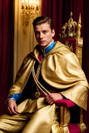 European male, British royalty, A handsome charming prince wearing detailed detailed royalty rope cloak, golden honor medals, muscle body, brown eyes, photography, at royal ball, sitting on royal throne chair with magnificent detailed, high quality
