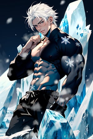 young boy, handsome and cute, no shirt, uncensored, hair styled, showing seduced muscle and abs, tall, Japanese boy with black skin tone, 2D information, manga art style, white hair, both hands turning to blue ice stone, hands turned to ice stone, cold atmosphere, glacier arms, snowflakes, no shirt