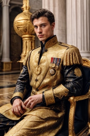 European male, Russian royalty, British royalty, royalty symbols detailed, A handsome charming prince wearing detailed detailed royalty rope, royalty suit, golden honor medals, muscle body, brown eyes, photography, at royal ball, sitting on royal throne chair with magnificent detailed, high quality,flower4rmor, taken by Canon 6D Mark VII, color refined by Adobe Lightroom,marb1e4rmor