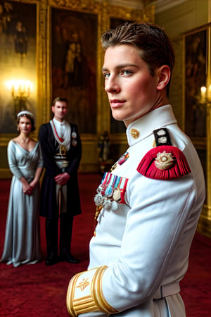 Solo male, the combination face of British royalty bloodline, royalty symbols detailed, A handsome boy, prince wearing detailed detailed royalty symbols, royal star crossed medals, royalty red combination white military suit, with honor medals, British honor medals, muscle body, brown eyes, brown hair style, photography, at royal ball, standing in royal throne room with magnificent detailed, depth focus detailed, surround by multiple people, high quality,flower4rmor, taken by Canon 6D Mark VII, color refined by Adobe Lightroom,marb1e4rmor,marble