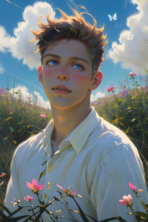 solo young boy, short hair, 1boy, cute boy, teenager boy, French boy, looking around, blue_eyes, white collared shirt, portrait, male focus, upper_body, sky, cloud, wild flowers field blooming, blushing, ((dreamy, dreamer)), shimmering, depth focus information, multiple butterflies