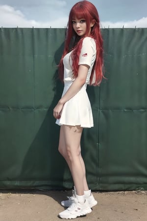 masterpiece,  top quality,  best quality,  official art,  beautiful and aesthetic:1.2,  1girl:1.3, photorealistic,ruby red hair,drop breasts,white short tennis dress, sneaker, Realism,realistic,look to the camera,Photographed full body, side view,bends forward, present her perfect but, in front of Fence,landscape, farm