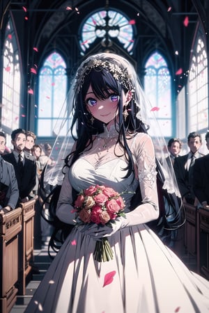 (1 beautiful woman, expensive detailed black wedding dress design by Francesca Miranda, white bride veil, long white gloves), walking to the altar, holding a bouquet, church location, wedding, celebration time, petals falling down, people sitting on the chair in background, priest in front of the spouse, close-up ,perfecteyes, smiling, shy,hoshino_ai_oshinoko