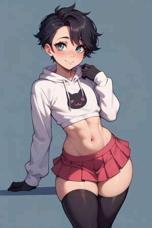1boy, male focus, male, femboy, solo male, effeminate, feminine_male, cute, girly face, cute face, sexy body, hourglass body, petite, slim waist, wide hips, big ass, thick thighs, flat chested, black hair, girl haicut, expressive eyes, blushing, black thigh highs, black elbow gloves, shy, sexy pose, shy smile, more detail XL,score_9, Long Sleeve Hoodie Crop Top Cat Print Sweatshirt, Pleated Mini Skirt Solid Ruffle Lingerie Skirts, full body view, score_8_up, score_7_up, 5 fingers on each hand, score_6_up