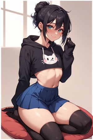 1boy, male focus, male, femboy, solo male, effeminate, feminine_male, cute, girly face, cute face, sexy body, hourglass body, petite, slim waist, wide hips, big ass, thick thighs, flat chested, black hair, girl haicut, expressive eyes, blushing, black thigh highs, black elbow gloves, shy, sexy pose, shy smile, more detail XL,score_9, Long Sleeve Hoodie Crop Top Cat Print Sweatshirt, Pleated Mini Skirt Solid Ruffle Lingerie Skirts, full body view, score_8_up, score_7_up, 5 fingers on each hand,score_6_up