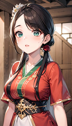 NSFW,black hair,hand touching chest.cleavage squeeze.cleavage.wooden house interior.One of the three girls is wearing revealing clothing.side ponytail,large breasts,hanfu,chinese clothes,upper body drawing,looking at viewer, adorned in stunning ancient traditional Hanfu attire, with intricate patterns and ornate details. Their long hair flows like silk, with one sister sporting a mesmerizing multicolored hime cut. they have natural big breasts. Off the shoulders, low cut,showcasing lush skin. sweat glistening on their faces. shy,blush. A pearl necklace adorns their necks, drawing attention to their radiant green eyes. Masterpiece-quality 8K visuals capture every detail, including the soft pink hue of their cheeks and the luscious texture of their hair. Mesmerizing eyes convey mystery and seduction. Elegant and charming, with a slender figure and full of mystery. Among the three sisters, one looks more mature, sexy, and attractive, one looks younger, and the other looks sick.Among the three sisters, one is wearing red clothes, one is wearing white clothes, and the other is wearing black clothes.realhands,myhanfu,white hanfu,embroidered flower patterns,floral print,anime,girl,sexy,Aino_Minako, score_9_up,score_9,Anime