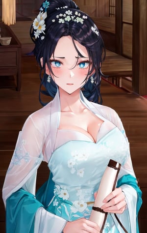 (((1 girl))),(low cut),(cleavage),(NSFW),black hair.cleavage squeeze.cleavage.wooden house interior.
One of the three girls is wearing revealing clothing.
side ponytail,large breasts,hanfu,chinese clothes,upper body drawing,looking at viewer, adorned in stunning ancient traditional Hanfu attire, with intricate patterns and ornate details. Off the shoulders, low cut,showcasing lush skin. sweat glistening on faces. shy,blush. A pearl necklace adorns necks. Mesmerizing eyes convey mystery and seduction. Elegant and charming, with a slender figure and full of mystery.,floral print,high detail eyes,incredibly absurdres,best quality,masterpiece