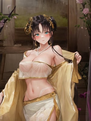 (((1 girl))),(low cut),(cleavage),(NSFW),black hair.cleavage squeeze.cleavage.wooden house interior.
One of the three girls is wearing revealing clothing.
side ponytail,large breasts,hanfu,chinese clothes,upper body drawing,looking at viewer, adorned in stunning ancient traditional Hanfu attire, with intricate patterns and ornate details. Off the shoulders, low cut,showcasing lush skin. sweat glistening on faces. shy,blush. A pearl necklace adorns necks. Mesmerizing eyes convey mystery and seduction. Elegant and charming, with a slender figure and full of mystery.,floral print,high detail eyes,incredibly absurdres,best quality,masterpiece