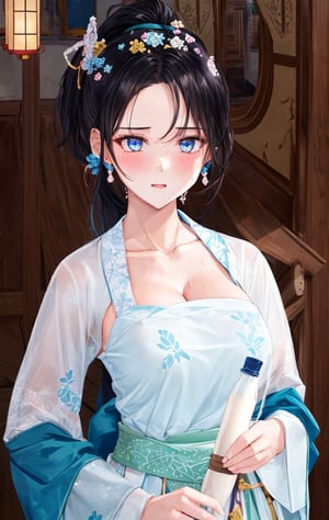 (((1 girl))),(low cut),(cleavage),(NSFW),black hair.cleavage squeeze.cleavage.wooden house interior.
One of the three girls is wearing revealing clothing.
side ponytail,large breasts,hanfu,chinese clothes,upper body drawing,looking at viewer, adorned in stunning ancient traditional Hanfu attire, with intricate patterns and ornate details. Off the shoulders, low cut,showcasing lush skin. sweat glistening on faces. shy,blush. A pearl necklace adorns necks. Mesmerizing eyes convey mystery and seduction. Elegant and charming, with a slender figure and full of mystery.,floral print,high detail eyes,incredibly absurdres,best quality,masterpiece