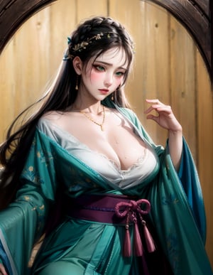 ((pink color hanfu)),(low cut),(cleavage),(NSFW),black hair,hand touching chest.cleavage squeeze.cleavage.wooden house interior.One of the three girls is wearing revealing clothing.side ponytail,large breasts,hanfu,chinese clothes,upper body drawing,looking at viewer, adorned in stunning ancient traditional Hanfu attire, with intricate patterns and ornate details. Their long hair flows like silk, with one sister sporting a mesmerizing multicolored hime cut. they have natural big breasts. Off the shoulders, low cut,showcasing lush skin. sweat glistening on their faces. shy,blush. A pearl necklace adorns their necks, drawing attention to their radiant green eyes. Masterpiece-quality 8K visuals capture every detail, including the soft pink hue of their cheeks and the luscious texture of their hair. Mesmerizing eyes convey mystery and seduction. Elegant and charming, with a slender figure and full of mystery. Among the three sisters, one looks more mature, sexy, and attractive, one looks younger, and the other looks sick.Among the three sisters, one is wearing red clothes, one is wearing white clothes, and the other is wearing black clothes.realhands,myhanfu,white hanfu,embroidered flower patterns,floral print,anime,girl,sexy,Aino_Minako, score_9_up,score_9,Anime