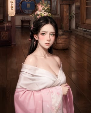 ((pink color hanfu)),(low cut),(cleavage),(NSFW),black hair,hand touching chest.cleavage squeeze.cleavage.wooden house interior.One of the three girls is wearing revealing clothing.side ponytail,large breasts,hanfu,chinese clothes,upper body drawing,looking at viewer, adorned in stunning ancient traditional Hanfu attire, with intricate patterns and ornate details. Their long hair flows like silk, with one sister sporting a mesmerizing multicolored hime cut. they have natural big breasts. Off the shoulders, low cut,showcasing lush skin. sweat glistening on their faces. shy,blush. A pearl necklace adorns their necks, drawing attention to their radiant green eyes. Masterpiece-quality 8K visuals capture every detail, including the soft pink hue of their cheeks and the luscious texture of their hair. Mesmerizing eyes convey mystery and seduction. Elegant and charming, with a slender figure and full of mystery. Among the three sisters, one looks more mature, sexy, and attractive, one looks younger, and the other looks sick.Among the three sisters, one is wearing red clothes, one is wearing white clothes, and the other is wearing black clothes.realhands,myhanfu,white hanfu,embroidered flower patterns,floral print,anime,girl,sexy,Aino_Minako, score_9_up,score_9,Anime