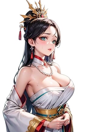 The background is a wooden room,(NSFW),black hair,hand touching chest.cleavage squeeze.cleavage.wooden house interior.One of the three girls is wearing revealing clothing.side ponytail,large breasts,hanfu,chinese clothes,upper body drawing,looking at viewer, adorned in stunning ancient traditional Hanfu attire, with intricate patterns and ornate details. Their long hair flows like silk, with one sister sporting a mesmerizing multicolored hime cut. they have natural big breasts. Off the shoulders, low cut,showcasing lush skin. sweat glistening on their faces. shy,blush. A pearl necklace adorns their necks, drawing attention to their radiant green eyes. Masterpiece-quality 8K visuals capture every detail, including the soft pink hue of their cheeks and the luscious texture of their hair. Mesmerizing eyes convey mystery and seduction. Elegant and charming, with a slender figure and full of mystery. Among the three sisters, one looks more mature, sexy, and attractive, one looks younger, and the other looks sick.Among the three sisters, one is wearing red clothes, one is wearing white clothes, and the other is wearing black clothes.realhands,myhanfu,white hanfu,embroidered flower patterns,floral print,anime,girl,sexy,Aino_Minako, score_9_up,score_9,Anime
