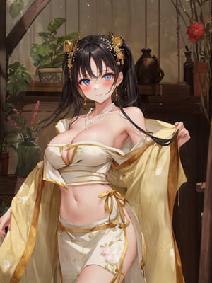 (((1 girl))),(low cut),(cleavage),(NSFW),black hair.cleavage squeeze.cleavage.wooden house interior.
One of the three girls is wearing revealing clothing.
side ponytail,large breasts,hanfu,chinese clothes,upper body drawing,looking at viewer, adorned in stunning ancient traditional Hanfu attire, with intricate patterns and ornate details. Off the shoulders, low cut,showcasing lush skin. sweat glistening on faces. shy,blush. A pearl necklace adorns necks. Mesmerizing eyes convey mystery and seduction. Elegant and charming, with a slender figure and full of mystery.,floral print,high detail eyes,incredibly absurdres,best quality,masterpiece