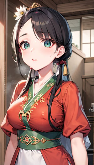 NSFW,black hair,hand touching chest.cleavage squeeze.cleavage.wooden house interior.One of the three girls is wearing revealing clothing.side ponytail,large breasts,hanfu,chinese clothes,upper body drawing,looking at viewer, adorned in stunning ancient traditional Hanfu attire, with intricate patterns and ornate details. Their long hair flows like silk, with one sister sporting a mesmerizing multicolored hime cut. they have natural big breasts. Off the shoulders, low cut,showcasing lush skin. sweat glistening on their faces. shy,blush. A pearl necklace adorns their necks, drawing attention to their radiant green eyes. Masterpiece-quality 8K visuals capture every detail, including the soft pink hue of their cheeks and the luscious texture of their hair. Mesmerizing eyes convey mystery and seduction. Elegant and charming, with a slender figure and full of mystery. Among the three sisters, one looks more mature, sexy, and attractive, one looks younger, and the other looks sick.Among the three sisters, one is wearing red clothes, one is wearing white clothes, and the other is wearing black clothes.realhands,myhanfu,white hanfu,embroidered flower patterns,floral print,anime,girl,sexy,Aino_Minako, score_9_up,score_9,Anime