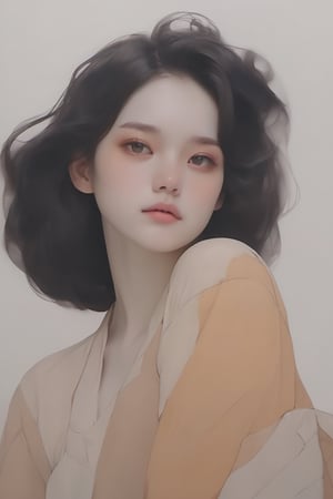 (Best quality, High quality, masterpiece, Artistic, Artistic painting, Painting Naturally, Modernism art, Watercolor, watercolor pencil painting, ligne_claire, Illustration), bare shoulder, 1 girl, deep v neck dress, (Painted by 3 person that is Egon Schiele and Pablo Picasso and John Barkey), stylized art,Asian Girl,Model