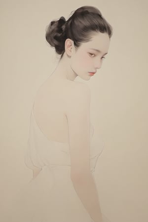 (Best quality, High quality, masterpiece, Artistic, Artistic painting, Painting Naturally, Modernism art, Watercolor, watercolor pencil painting, ligne_claire, Illustration), bare shoulder, 1 girl, deep v neck dress, (Painted by 3 person that is Egon Schiele and Pablo Picasso and John Barkey), stylized art,Asian Girl,Model,Close-up Pussy