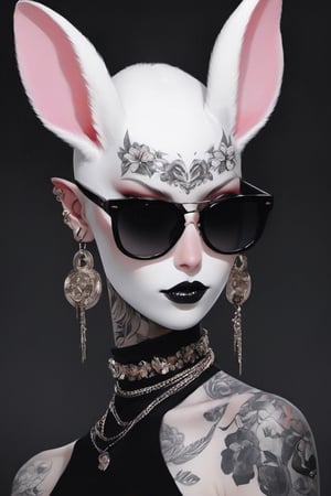 a monochrome high art print, vogue easter white and black kiss make up bunny portrait, Horror Comics style, art by brom, smiling, john lennon sunglasses, rabbit ears, rabbit nose, ginger rabbit fur, punk hairdo, tattoo by ed hardy, shaved hair, playboy bunny outfit, bunny tail, neck tattoos by andy warhol, heavily muscled, biceps, glam gore, horror, poster style, flower garden, Easter eggs, oversized monarch butterflies, tropical fish, flower garden, 
