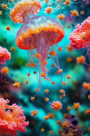Portrait of a ghostly jellyfish, shiny aura, highly detailed, gold filigree, intricate motifs, organic tracery, by Android jones, Januz Miralles, Hikari Shimoda, glowing stardust by W. Zelmer, perfect composition, smooth, sharp focus, sparkling particles, lively coral reef background Realistic, realism, hd, 35mm photograph, 8k), masterpiece, award winning photography, natural light, perfect composition, high detail, hyper realistic,<lora:659095807385103906:1.0>,<lora:659095807385103906:1.0>,<lora:659095807385103906:1.0>
