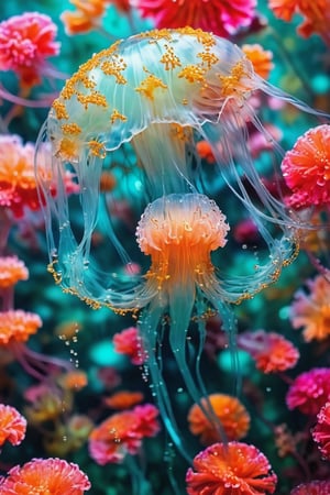 Portrait of a ghostly jellyfish, shiny aura, highly detailed, gold filigree, intricate motifs, organic tracery, by Android jones, Januz Miralles, Hikari Shimoda, glowing stardust by W. Zelmer, perfect composition, smooth, sharp focus, sparkling particles, lively coral reef background Realistic, realism, hd, 35mm photograph, 8k), masterpiece, award winning photography, natural light, perfect composition, high detail, hyper realistic,<lora:659095807385103906:1.0>,<lora:659095807385103906:1.0>,<lora:659095807385103906:1.0>