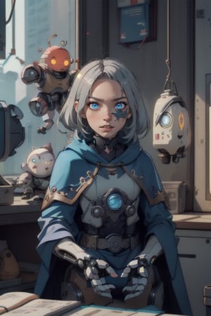 female, gnome, android, clockwork, rouge,fantasy, robot_girl, grey hair, blue eyes , cloak, glowing eyes , gears , assassin, thief, autognome,mechagnome, robot,fembot,Robot, no skin to see, dungeons_&_dragons, dark fantasy, old style, clock , gear
