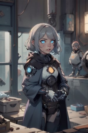 female, gnome, android, clockwork, rouge,fantasy, robot_girl, grey hair, blue eyes , cloak, glowing eyes , gears , assassin, thief, autognome,mechagnome, robot,fembot,Robot, no skin to see, dungeons_&_dragons, dark fantasy, old style, clock , gear