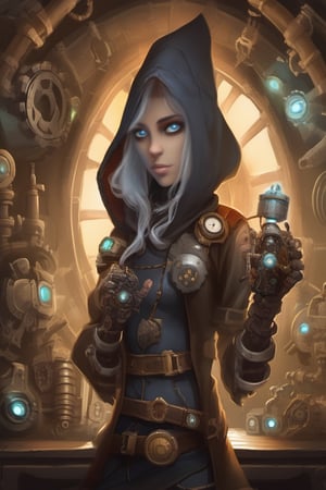 female, gnome, android, clockwork, rouge,fantasy, robot_girl, grey hair, blue eyes , cloak, darker skin, glowing eyes , gears , assassin, thief, autognome,mechagnome, robot,fembot,QRobot, no skin to see, dungeons_&_dragons, dark fantasy, old style, clock , gear, more robot like