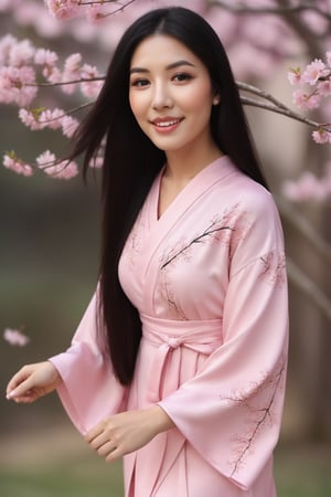 Professional portrait photo of a beautiful  woman, serene cherry blossom background, soft natural lighting, hyperrealistic, delicate makeup, subtle smile, (long black hair:1.3), traditional silk kimono, elegant, peaceful expression, high-resolution, cinematic.,cuteeeeeehaha