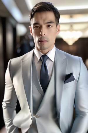 hyperrealistic portrait of a man in a tailored suit, (sharp look:1.3), crisp details, luxurious fabric texture, sophisticated background, natural light, refined posture, cinematic depth of field,aioliaknight